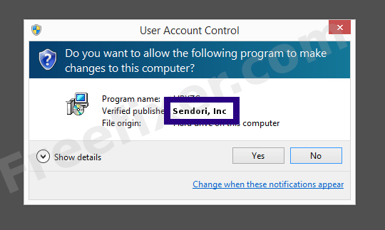 Screenshot where Sendori, Inc appears as the verified publisher in the UAC dialog